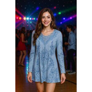 Lace Accent Blouse Womens Size Large Light Blue‎ Floral Print Long Sleeve